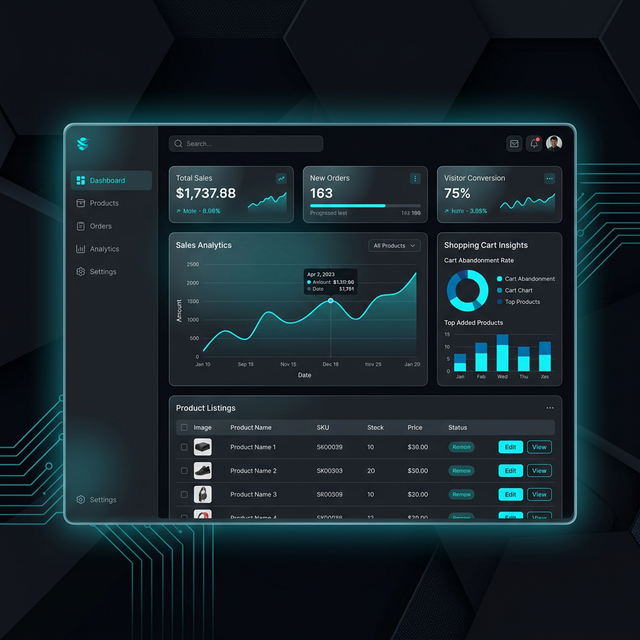 E-Commerce Platform — dark themed dashboard with product analytics